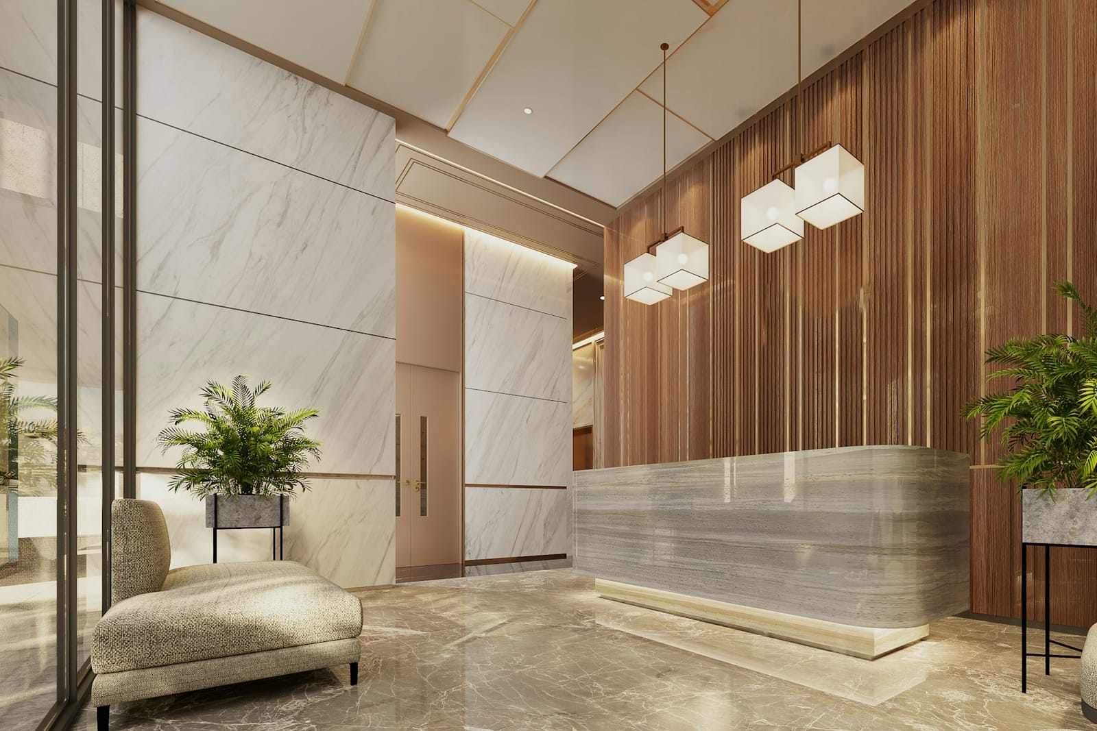 Modern hotel reception with a marble desk and plants
